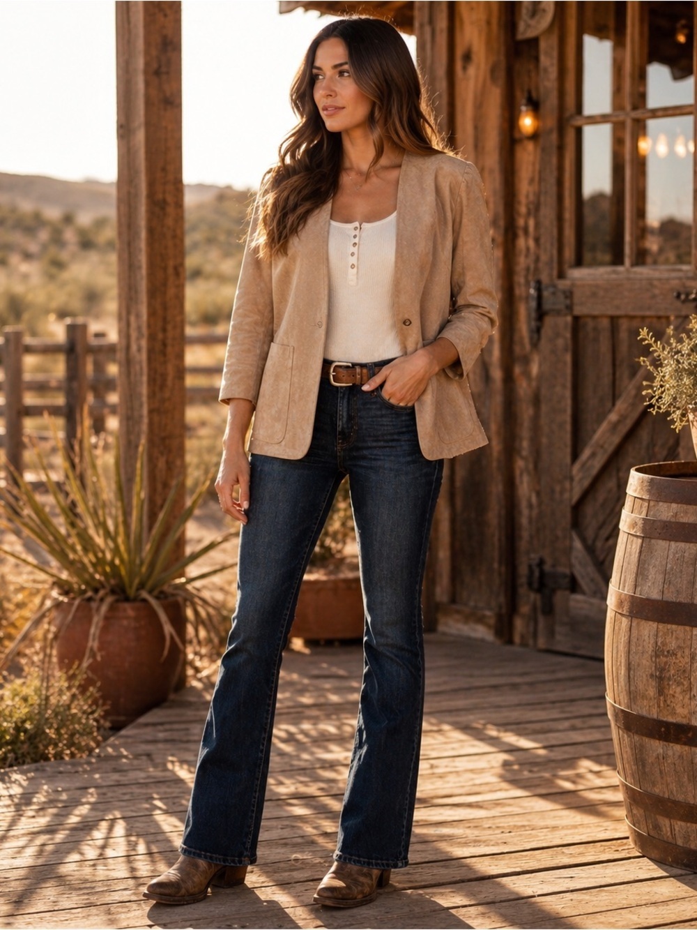 Tan Faux Suede Open Front Jacket Minimalist Blazer Style 3/4 Sleeve